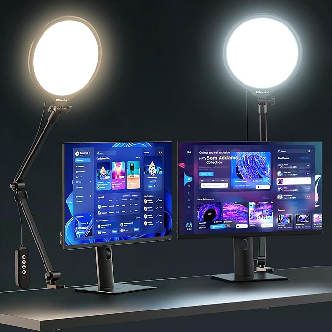 UBeesize 10" Desk Ring Light with Stand, Multi-Angle Adjustable Arm with C-Clamp for Home Office, Streaming Light with Inline Control for Video Conference, Podcast, Gaming, Recording, Live Streams