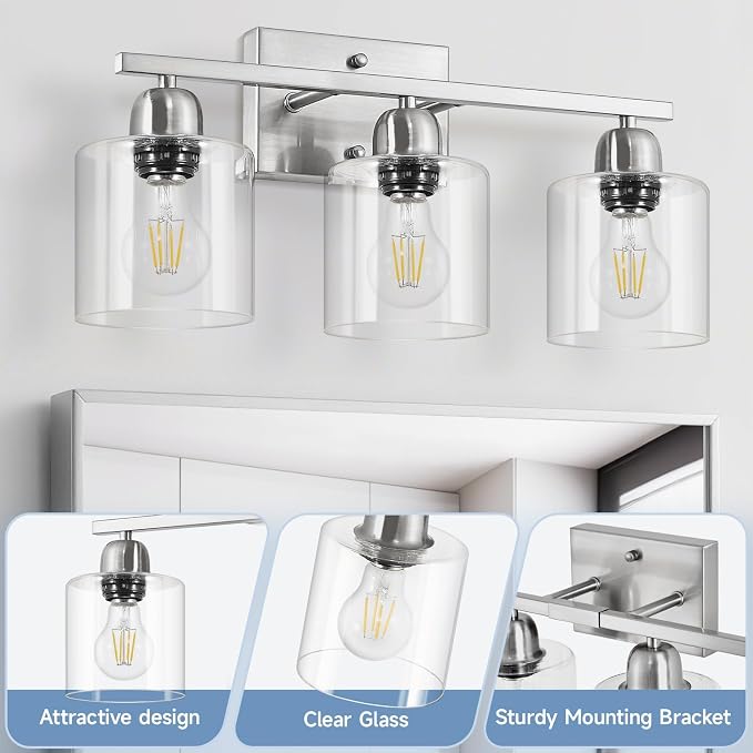 Modern Brushed Nickel 3 Light Bathroom Light Fixtures,19 inch Vanity Lights For Bathroom With Clear Glass, Bathroom Lighting Fixtures Over Mirror For Mirror Kitchen Living Room Hallway Cabinet Porch