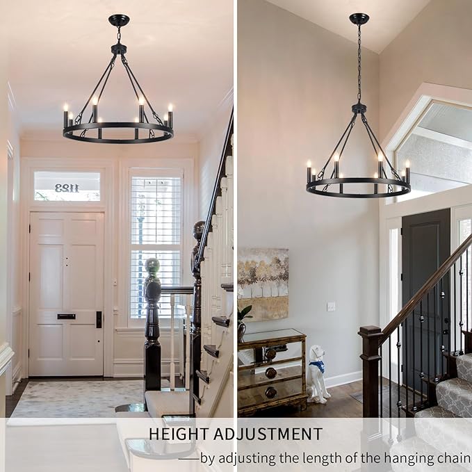 LASENCHOO Round Black Wagon Wheel Chandelier Farmhouse for Dining Room Light Fixture 8 Lights Dia 23.6" Large Wrought Iron Black Chandeliers for High Ceilings Outdoor Entryway Foyer Living Room Porch