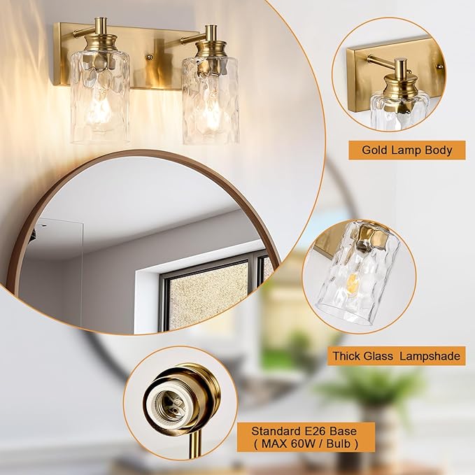 2 Light Bathroom Vanity Light Modern Brushed Gold Bathroom Light Fixtures Over Mirror with Hammered Glass Lampshade for Kitchen Hallway