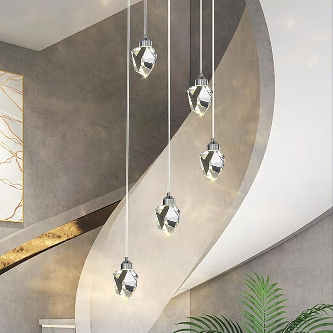 Modern Crystal Pendant Light, 3-Color LED Silver Ceiling Hanging Lamp, for Kitchen Island Bedroom Living Room Dining Room Lighting (5-Head Round Base)