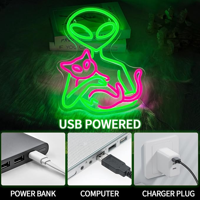 Alien Neon Sign for Wall Decor Dimmable Aliens Cat Led Lights Signs for Bedroom Green Neon Light for Game Room Man Cave Bedroom Party Decoration Gift for Kids Boys