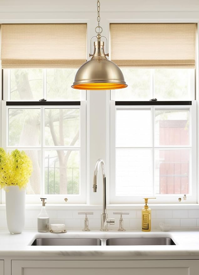 Kira Home Belle 14" Modern Industrial Pendant Light for Kitchen Island | Classic Dome Metal Shade, Retro Mid-century Profile Design, Premium Cool Brass Finish Ceiling Hanging Fixture