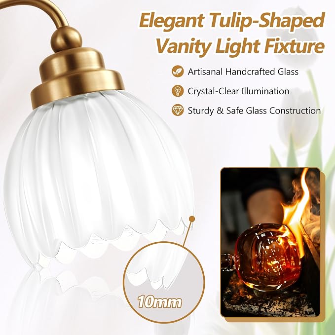 3 Light Gold Vintage Vanity Lights, Antique Brass Finish | Milk White Tulip Crystal Shades,Brushed Gold Bathroom Light Fixtures, Wall Sconce Ideal for Bedroom, Hallway, Easy to Install