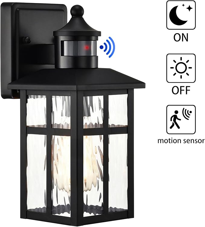Motion Sensor Porch Lights Outdoor, Dusk to Dawn Outdoor Lighting Wall Sconces with Water Glass, Matte Black Wall Mounted Lantern Light Wet Rated Exterior Lighting Fixtures for House 2-Pack