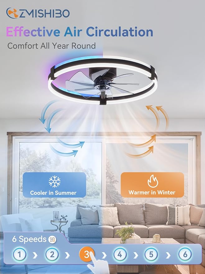 ZMISHIBO 23" RGB Low Profile Ceiling Fans with Lights and Remote, Black | Custom RGB+3CCT Dimmable, 6 Speeds, Remote/App Control, Reversible DC Motor, Memory, Timer, Modern Fandelier for Kids/Bedroom