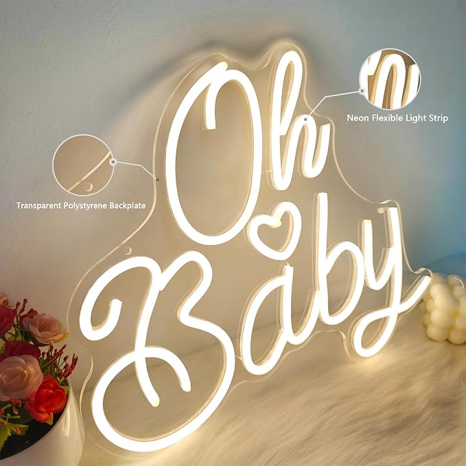 Oh Baby Neon Sign for Wall Decor, Baby Shower Neon Sign with Dimmer, Warm White Led Light for Bedroom Decor, Wall Decoration USB Powered with Switch, Gift for Mother(14.9inchs*13inchs)
