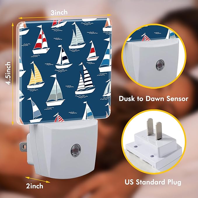 Cartoon Sailboat Sea Waves Night Light,Marine Nautical Adventure Navy Blue Night Light Plug into Wall with Dusk to Dawn Sensor Cute Nightlight for Women Boys Girls Room,Kitchen,Stairs Decor