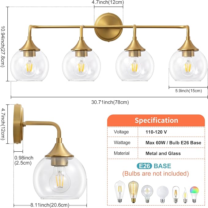 Bathroom Vanity Lights Gold 4 Light Modern Vanity Light 31" | Farmhouse Bathroom Light Fixtures Over Mirror, Thickened Clear Glass Shade, UL E26 Dimmable Vanity Lighting Fixtures