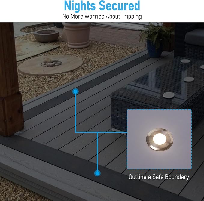 LEONLITE 12-Pack 3000K Recessed Low Voltage Deck Light, Flat Round Aperture | 1 Inch, 12-24V AC/DC, CRI90, Landscape LED Step Stair Light, IP67 Waterproof, Stainless Steel Housing, Warm White, Silver