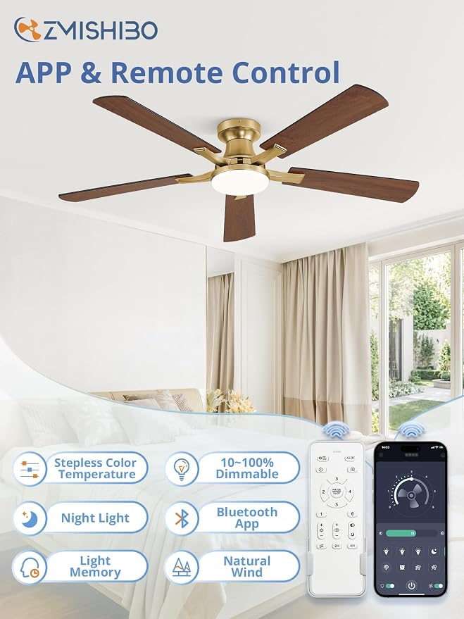 ZMISHIBO 52 Inch Ceiling Fans with Lights, Remote&App Control, Flush Mount | Low Profile, Dimmable 20W LED Light, Quiet Reversible Motor, Strong Airflow, Easy Install for Bedroom/Living Room/Apt, Gold