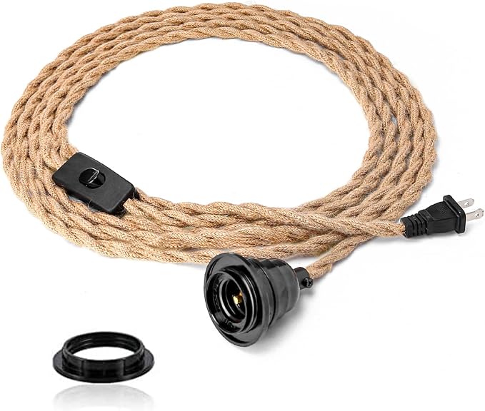 Plug in Pendant Light Cord - 15FT Industrial Hanging Light Kit, Hanging Lights with Plug in Cord With 15FT Hemp Rope, Hanging Lamp Kit with On/Off Switch,E26 E27 Light Socket, Bulb NOT Included