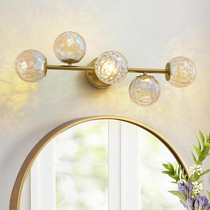 Brushed Gold LED Stained Hammered Glass Globe Bathroom Vanity Light | Colorful Water Ripple Light Effect, Decorative Stained Hammered Glass, Brushed Gold Finish, Built-In LED Source, mcm design