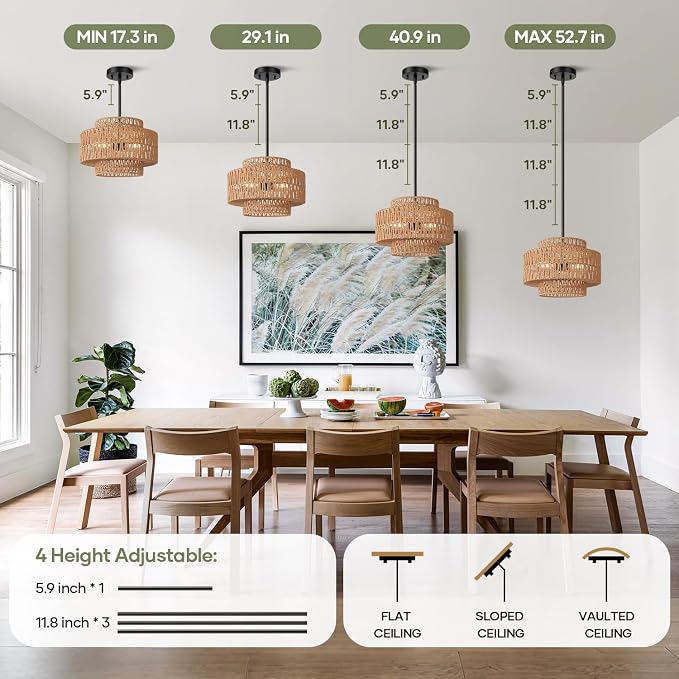 6"-41" Height Adjustable Farmhouse Chandelier Light Fixture, 3-Light Rattan Boho Chandeliers for Dining Room, Hand Woven Pendant Light with Linen Shade, Rustic Hanging Lighting for Kitchen Island