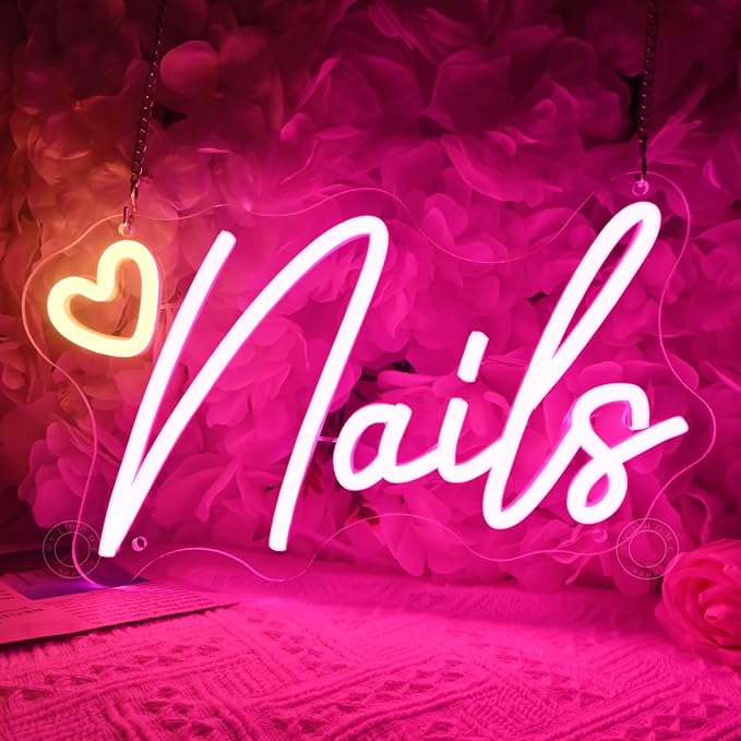 SYLHOME Led Neon Light Sign Nails With Heart Nail Studio Beauty Salon Business Makep Room Wall Sign Decor Birthday Party Backdrop 11.81" X 6.7" USB