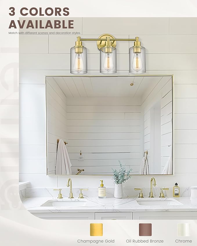 FEMILA Bathroom Vanity Light,Farmhouse Modern Vanity Lighting fixtures,Vintage Wall Lamp, Champagne Gold Finish with Clear Glass Shade,4FYC56B-3W BG
