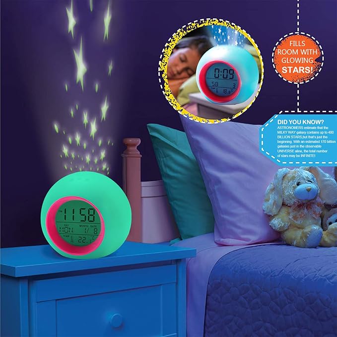Tarklanda Kids Alarm Clock,Moon Stars Projector Alarm Clock,7 Color Changing Night Light,Snooze Touch Control Temperature for Kids’ Bedroom, Digital Clock for Girls Boys Children