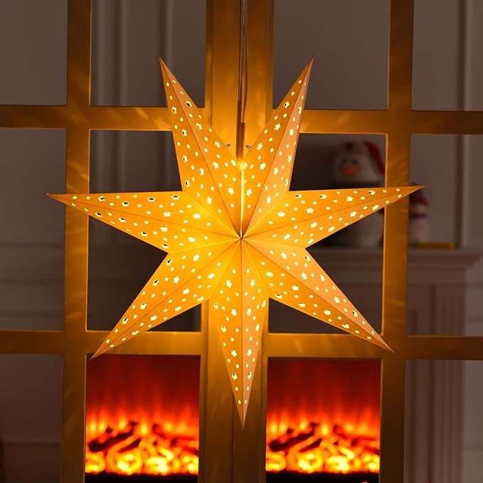 Mudder 19.7 Inch Christmas Star Paper Lantern 7 Pointed Christmas Window Lantern with 10 LED Light Strings Hanging Pendant Xmas Tree Ornaments for Holiday Decor Home(Classic,White)