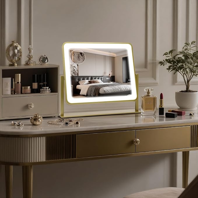 Rechargeable Vanity Mirror with Lights, 3000mAH Battery, 14"×12" LED Makeup Mirror, 10X Magnification, Smart Touch with 3-Color Lighting, 360° Rotation, Lighted Up for Makeup Desk, Bedroom (Gold)
