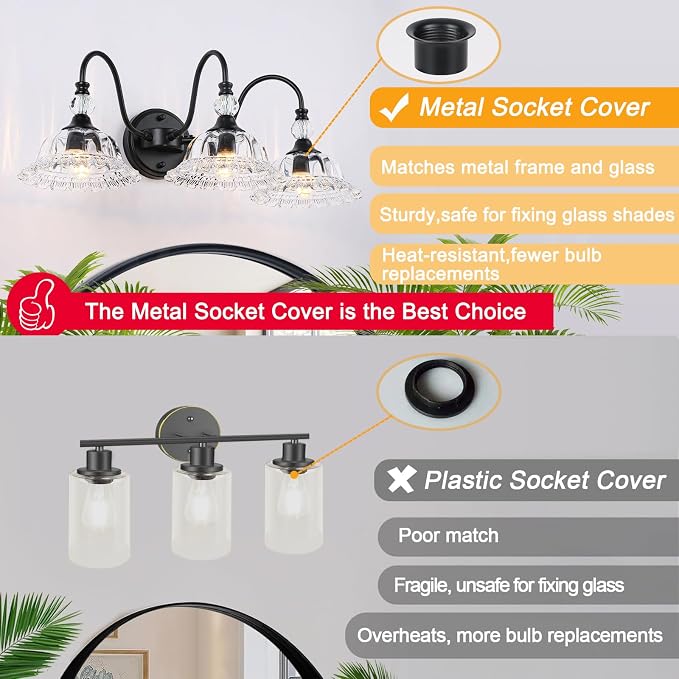 Vintage Bathroom Vanity Light Fixtures 3 Lights Matte Black Vanity Lights for Bathroom with Floral Crystal Glass Shades Wall Lighting Fixtures Over Mirror(Exclude E26 Bulb)
