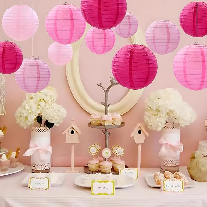 Hot Pink Paper Lanterns 12Pcs Hanging Round Paper Lanterns Decorative for Graduation Baby Shower Wedding Birthday Family Parties ﻿