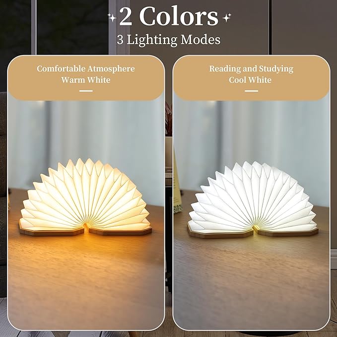 Paper Lamp Japanese Gifts House Warming Gifts, Book lamp 3 Colors Lights Mode, Foldable Japanese Lamp, Bamboo Base Paper Lantern Lights 1200mAh, Book Decor, Zen Decor Spiritual Gifts