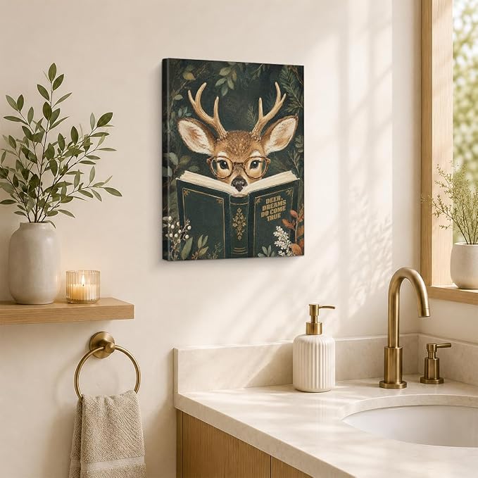 NSFBESSLIA Funny Reading Deer Painting, Whimsical Forest Animal Decor, Deer Dreams Do Come True, Cottagecore Wall Art for Living Room Bedroom Entryway, 8x10 Inch