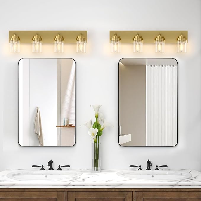 IZORRO Bathroom Vanity Light Fixture, 4-Light 30 Inch Gold Bathroom Light Fixtures Over Mirror, with Clear Glass Shade, Modern Farmhouse Vanity Lights, Rustic Restroom Lighting Fixtures