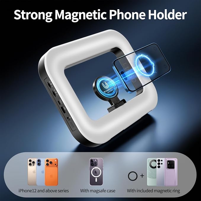 Magnetic Cell Phone Light for Video Recording, Handheld Phone Stabilizer with Light, 8000mAh LED Selfie Phone Ring Light with Phone Holder, Smartphone Video Rig for Camera, Vlog, TikTok