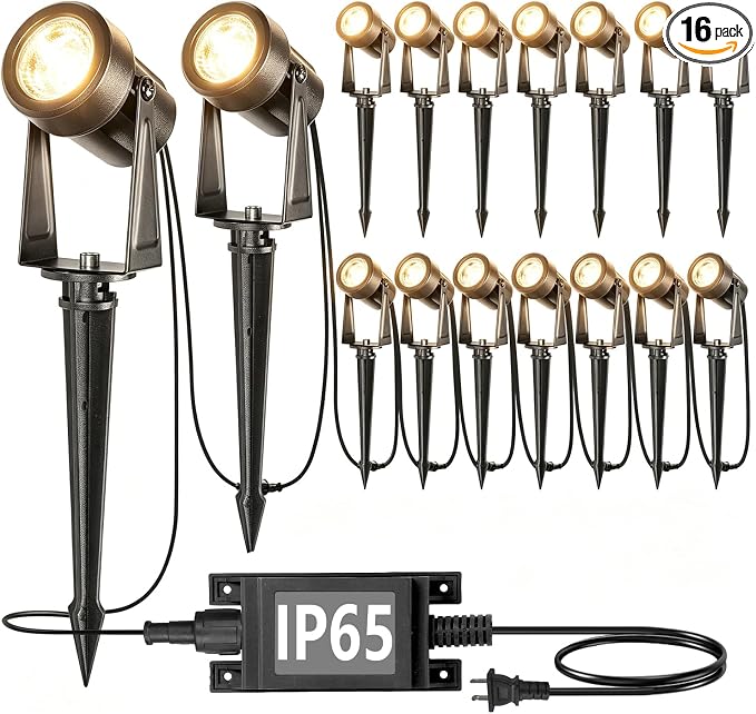 SUNTHIN Outdoor Landscape Lighting, 16 Pack LED Spot Lights Kit, Warm White | IP65 Waterproof, Extendable, Connects up to 20 lamp heads, for Garden, Yard, House, Lawn, Tree, Flags, Fence Use