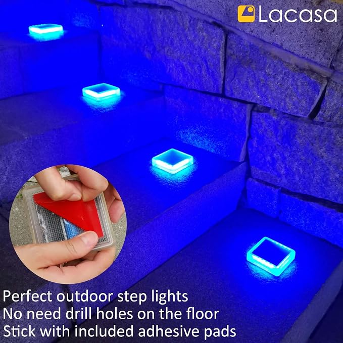 Lacasa Solar Deck Lights, 4 Pack 30LM LED Dock Lights Blue Light, Outdoor Solar Powered Step Lights Light up All Night IP68 Waterproof Auto ON/Off for Garden Stairs Driveway Pathway Lighting