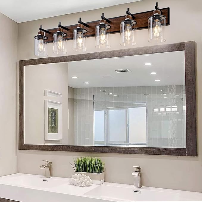 6-Light Farmhouse Bathroom Light Fixtures Vintage Bathroom Vanity Lights Over Mirror Black and Wood Painted Metal Vanity Light for Bathroom with Glass Shades E26 Socket