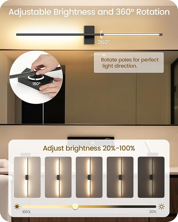 39.4" Wireless Wall Sconces Battery Operated Set of 2, Rechargeable Lamps with Remote, 360° Rotation, 10000mAh, Touch Dimmable Lights for Bedroom, Living Room, Hallway, Black B07YBP205