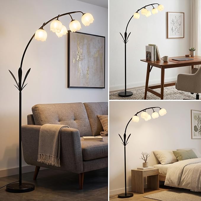 HMVPL Black Floor Lamp for Living Room, Flower Floor Lamp with 5 G9 LED Bulbs, Foot Switch, Arc Standing Lamp with Acrylic Shade,Marble Base, Cute Tall Lamp for Living Room Corner Bedroom Reading Home