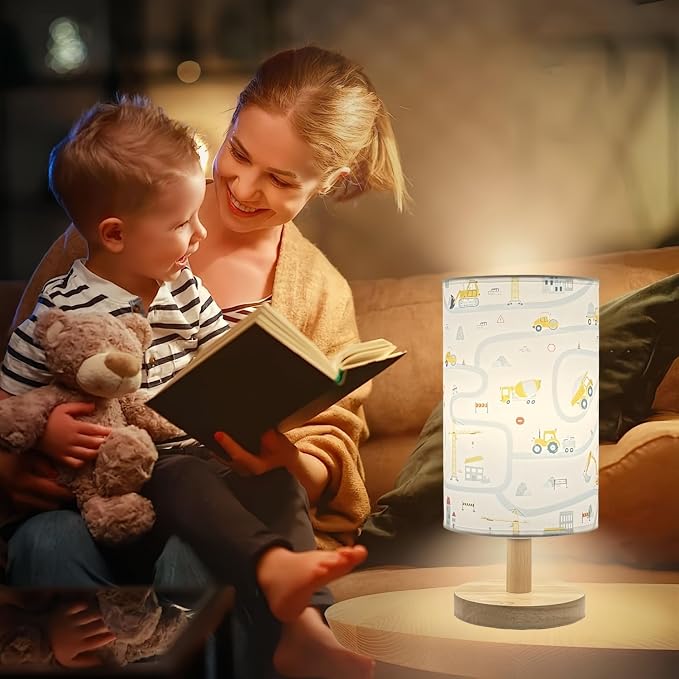 Kids Desk Lamp for Bedroom Boy,Reading Car Lamp,3-Way Dimmable Bedside Night Light with Cartoon Pattern Printed Shade and Wood Base for Kids Room Nursery Living Room Decor,Car Gift for Boys