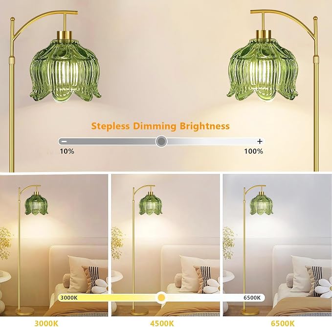 ILLMTW Glass Floor Lamp for Living Room,Bedroom,Gold Mid Century Modern Standing Lamp with Remote,Dimmable Brass Tall Lamp Vintage Tulip Green Arc Flower Floor Light Boho Bohemian