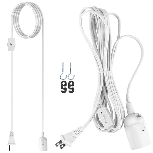 JACKYLED Extension Hanging Lantern Cord Cable Gear Switch UL 1-Pack 12Ft | 360W with E26 E27 Socket Hooks + 2-Prong US AC Power Plugs, Extra Lighting for Garage, Closet, Dark Corner, Plants