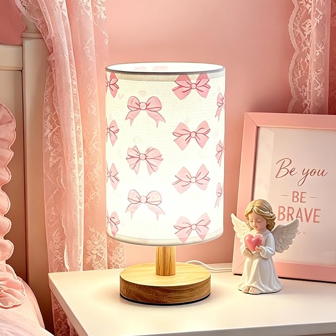 Pink Bow Kids Table Lamp,Night Light for Girls Bedrooms Bedside,3-Color Adjustable Dimming Reading Light with Linen Fabric Lampshade and Wood Base for Living Bedroom Child Room Study Home Decor