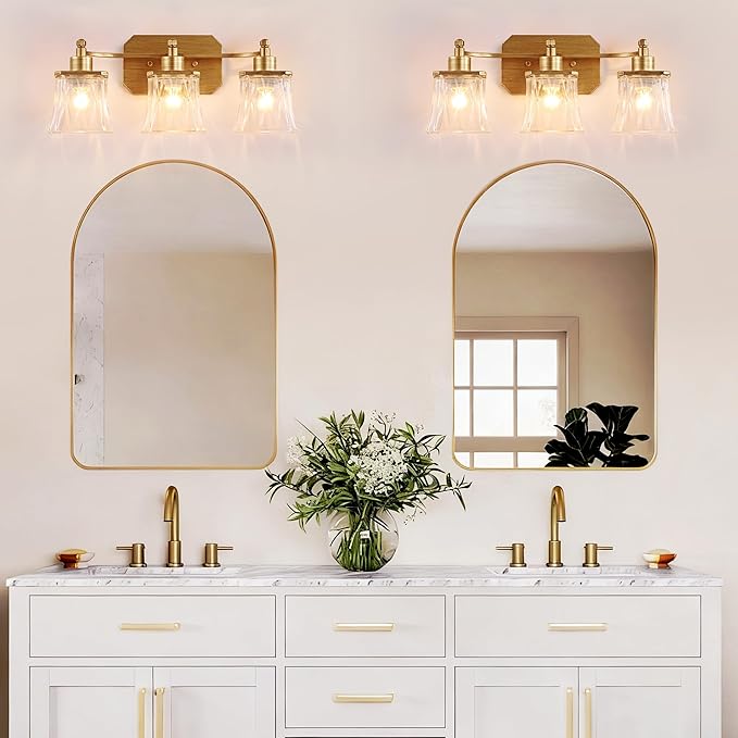 Gold Bathroom Vanity Light Fixture, 3-Light Vanity Lights for Bathroom , Matte Antique Brass Finish, with a Square Crystal Glass Shade, Vintage Bathroom Lighting Fixture over Mirror (Gold, 3 Light)