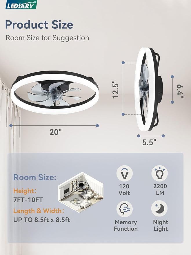 LEDIARY 20" Low Profile Ceiling Fans with Lights, APP & Remote, Black | Flush Mount, Dimmable LED, Quiet DC Motor, Reversible, 6 Speeds, Fandelier, for Bedroom