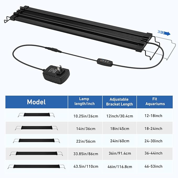 LED Aquarium Light for 18–24 Inch Fish Tanks – Timer with Auto On/Off, 10-Level Brightness, White/Blue/Red+White Modes, Extendable Brackets & Hanging Design (Rope Not Included) (18-24inch)