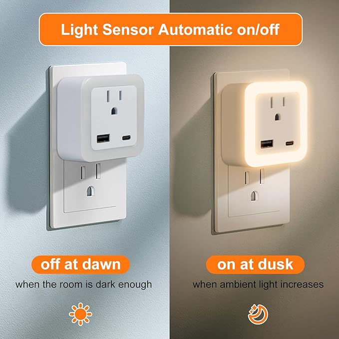Night Lights Plug Into Wall 2 Pack Rechargeable Battery Backup Light Dusk to Dawn Sensor Night Light with Outlet Expander for Adults Kids Bedroom, Kitchen, and Bathroom (2, warm white, 3000K)
