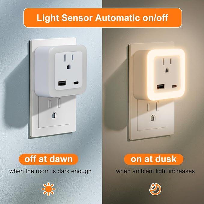 Night Lights Plug Into Wall 4 Pack Rechargeable Battery Backup Light | Dusk to Dawn Sensor Night Light with Outlet Expander for Adults Kids Bedroom, Kitchen, and Bathroom