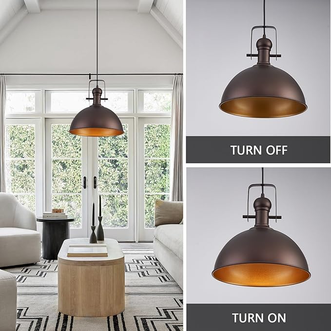 12 Inch Oil Rubbed Bronze Farmhouse Pendant Lights Large Pendant Lights for Kitchen Island Industrial Adjustable Height Vintage Big Dome Hanging Light Fixtures for Barn, Dining Room 1 Pack