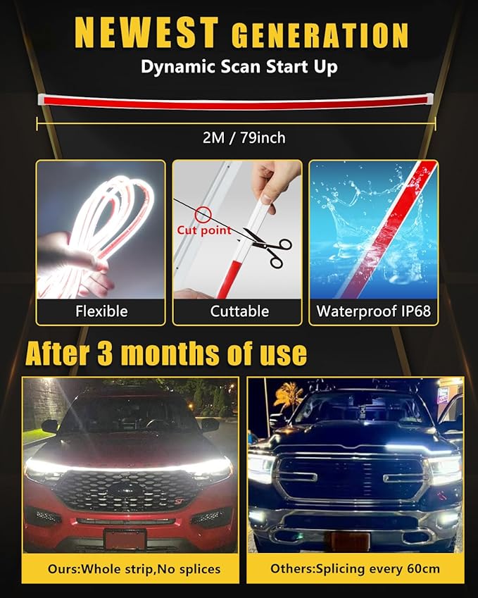 YM E-Bright Exterior Led Lights for Car Hood Light Strip Waterproof Dynamic Scan Start Up Hoodbeam Kit Neon Knight Rider Led Scanner Daytime Running Lights for Cars,Truck,SUV,12V White 79inch,1 Set