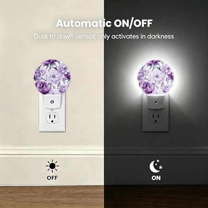 Decorative Night Lights Purple Flower Plug-in Nightlight Auto Light Sensors | Floral Romance Chic Night Lights Plug into Wall LED Lamp Dusk-to-Dawn Auto Sensor Energy Saving