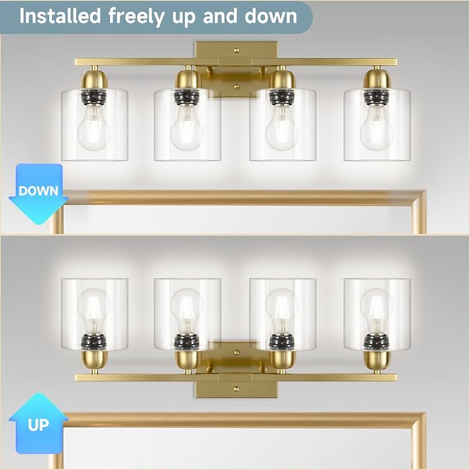 Modern Brushed Gold 4 Light Bathroom Light Fixtures, 24 inch Vanity Lights for Bathroom with Clear Glass, Bathroom Vanity Light for Mirror Kitchen Living Room Hallway Cabinet Porch