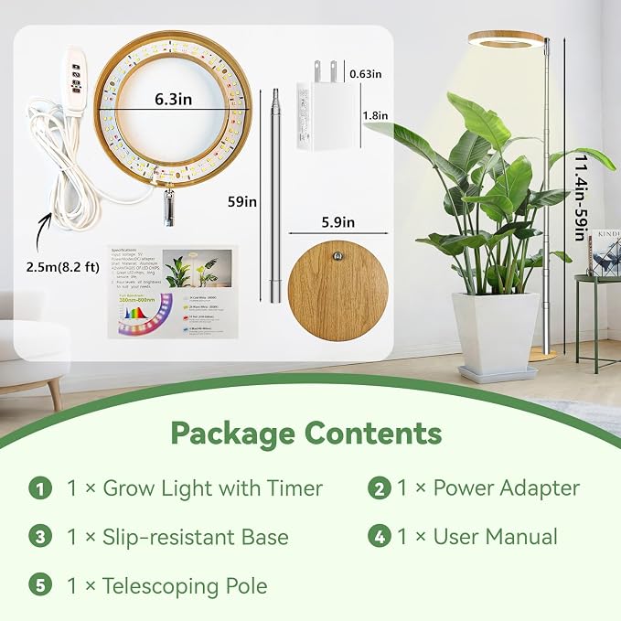 Wood Grain Grow Lights for Indoor Plants Plant Growing Lamp, Full Spectrum Plant Lights for Indoor Growing (Wood Color with Base, 1 Pack)