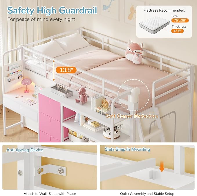 Low Loft Bed Twin Size with Desk, 6 Storage Drawers & Bookshelf, Kids Loft Bed with LED Lights & Under-Bed Play Space, Heavy Duty Metal Bed Frame with 13.8"H Safety Guardrail & Ladder, White and Pink