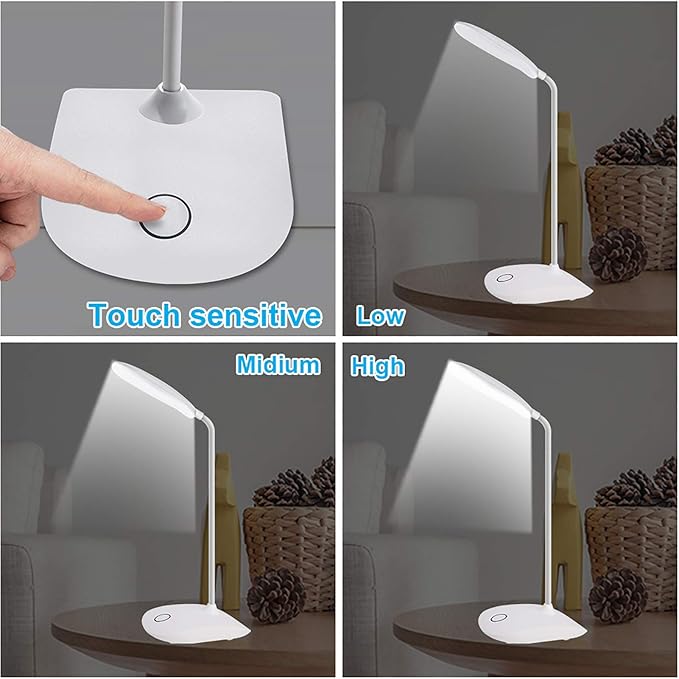 DEEPLITE 2 Pack Desk Lamp with Flexible Gooseneck 3 Level Brightness, Battery Operated Table Lamp 5W Touch Control, Compact Portable Rechargeable Desk lamp for Dorm Study Office Bedroom